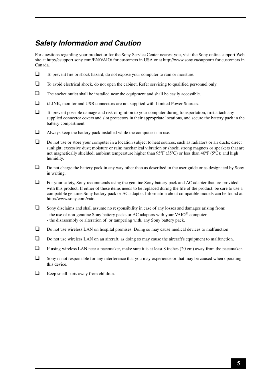 Safety information and caution | Sony VGN-UX490N User Manual | Page 5 / 20