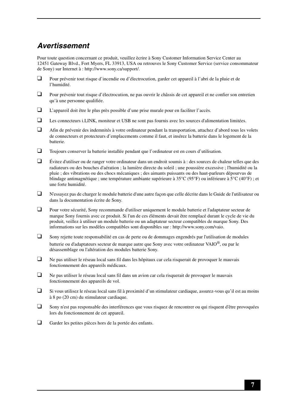 Avertissement | Sony VGN-UX490N User Manual | Page 7 / 20