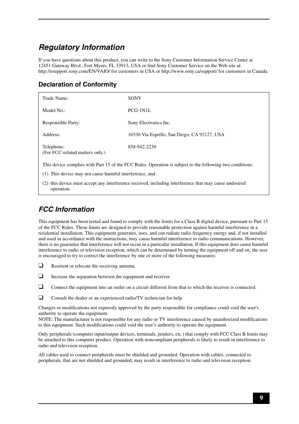 Regulatory information, Fcc information, Declaration of conformity | Sony VGN-UX490N User Manual | Page 9 / 20
