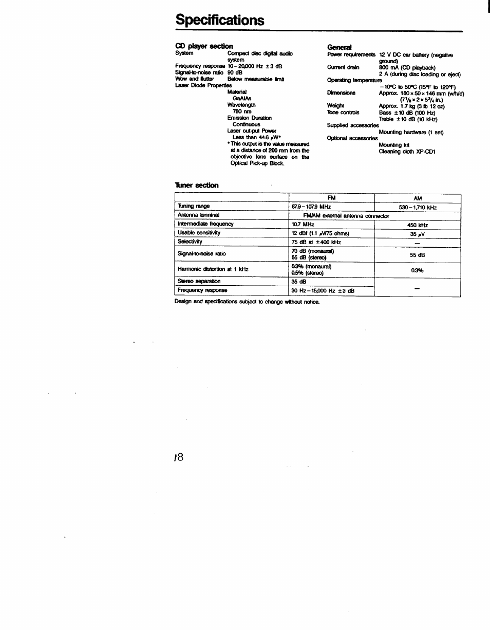 Specifications, Cd player section, General | Tuner section | Sony CDX-7520 User Manual | Page 18 / 20