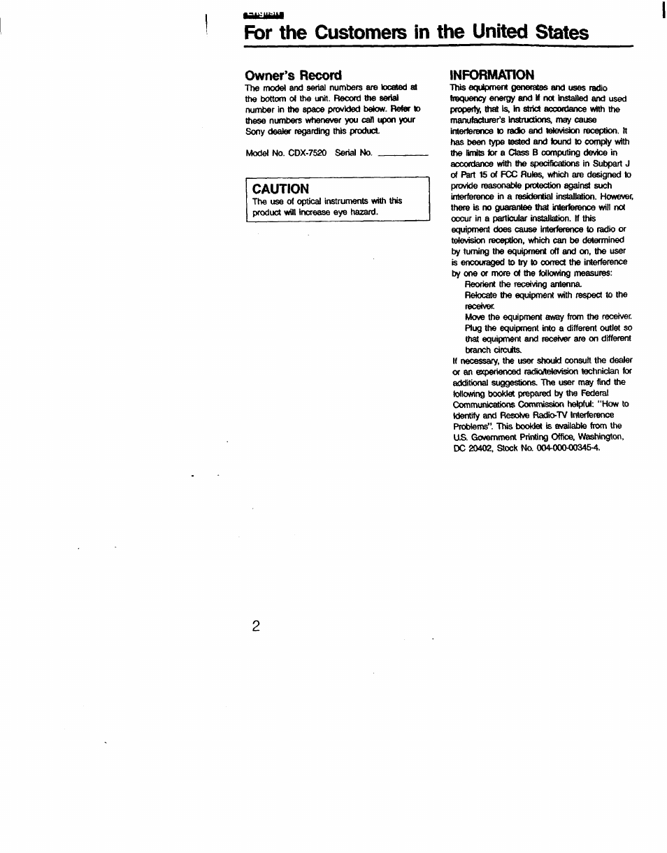 For the customers in the united states, Owner’s record, Caution | Information | Sony CDX-7520 User Manual | Page 2 / 20