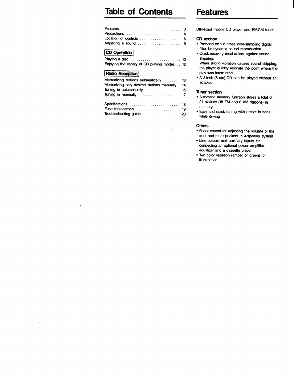 Table of contents features | Sony CDX-7520 User Manual | Page 3 / 20