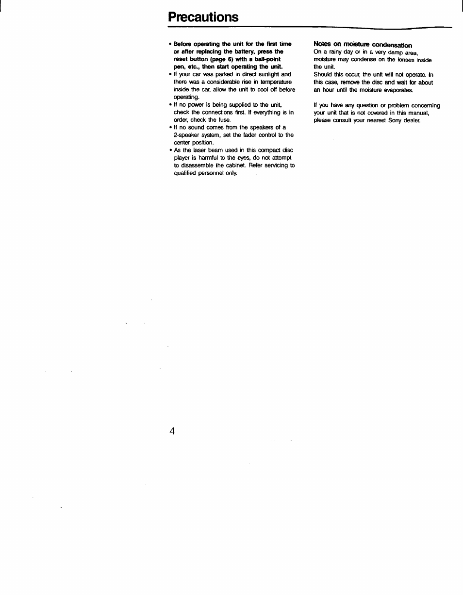 Precautions, Notes on moisture condensation | Sony CDX-7520 User Manual | Page 4 / 20