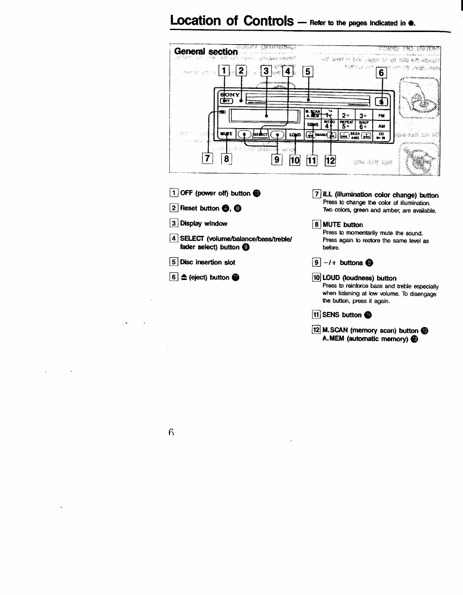 Location of controls | Sony CDX-7520 User Manual | Page 6 / 20