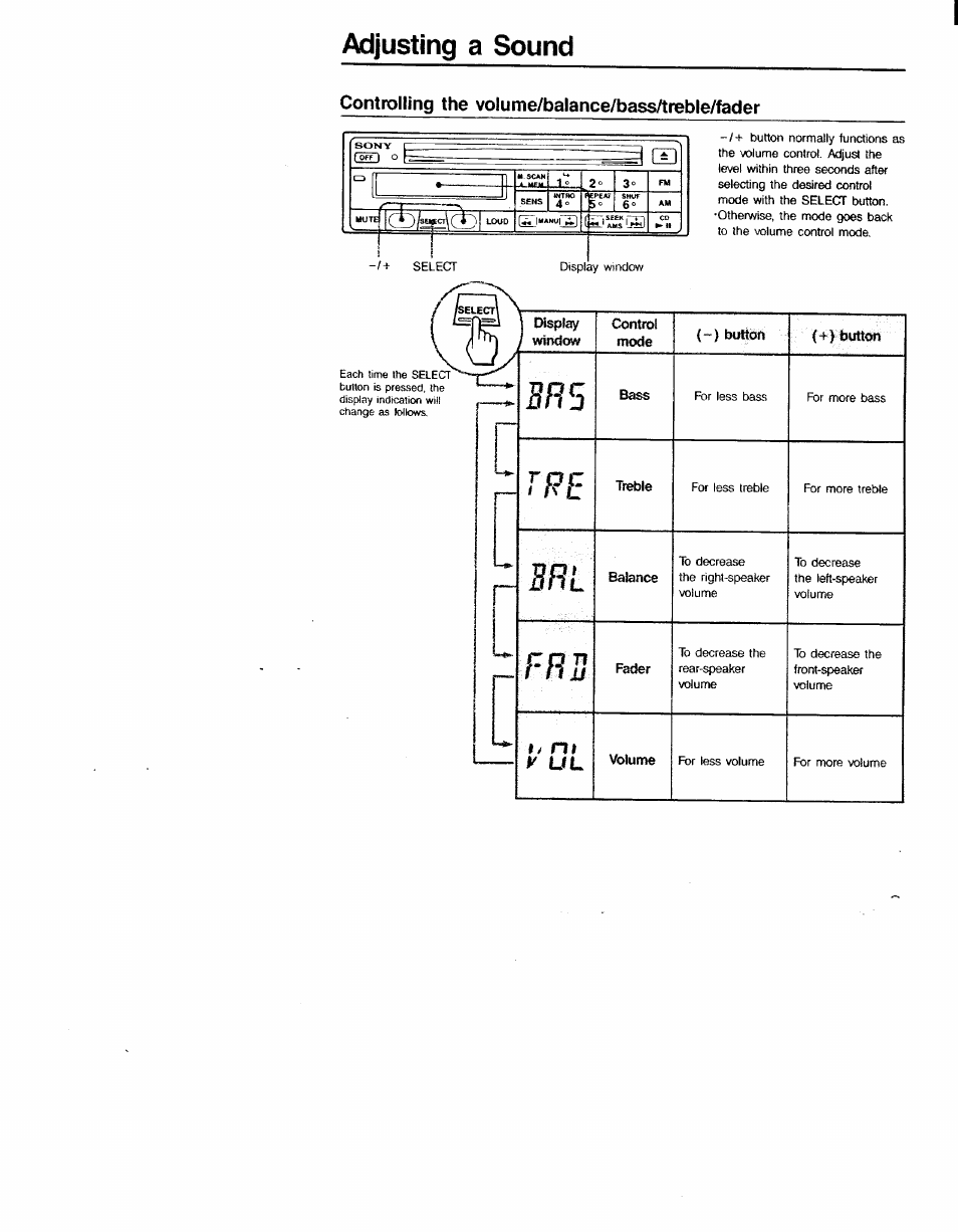 Adjusting a sound, B b s, T r e | 3r l, E b b, Controlling the volume/balance/bass/treble/fader, Ii 1 «4, У l il | Sony CDX-7520 User Manual | Page 9 / 20
