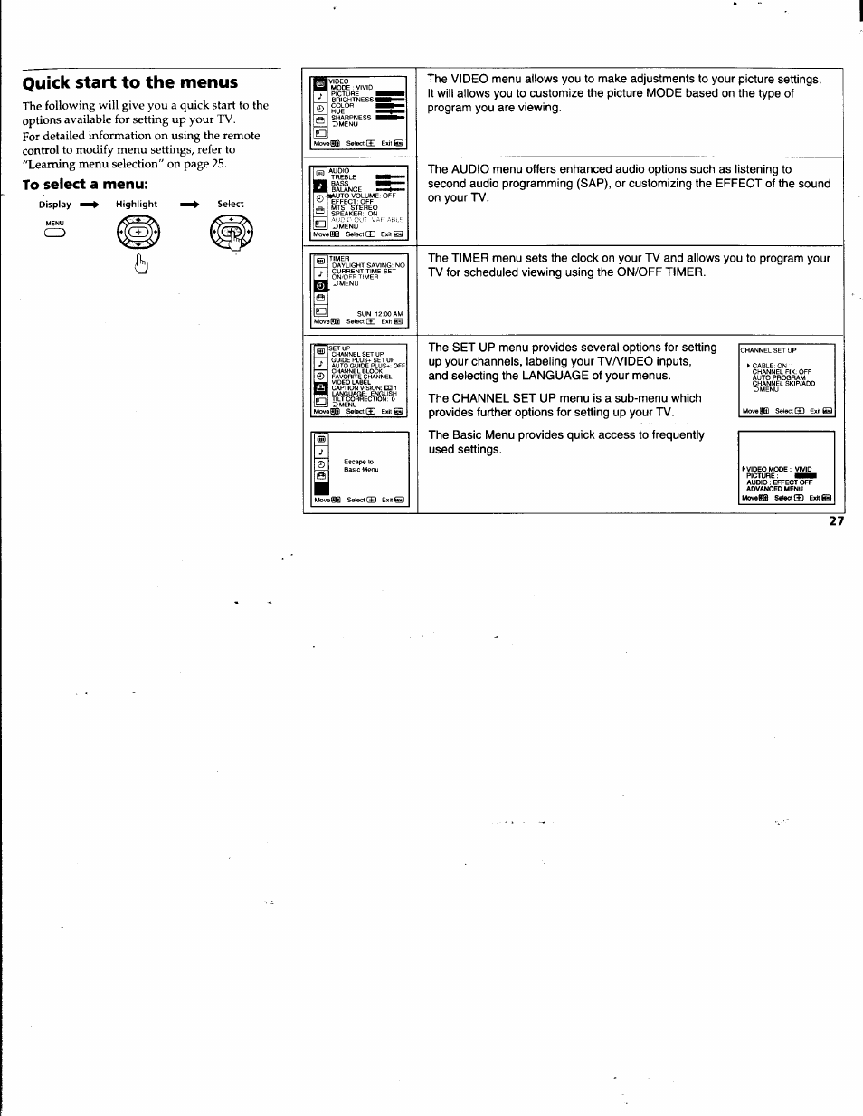 To select a menu, Quick start to the menus | Sony KV-32V68 User Manual | Page 31 / 45