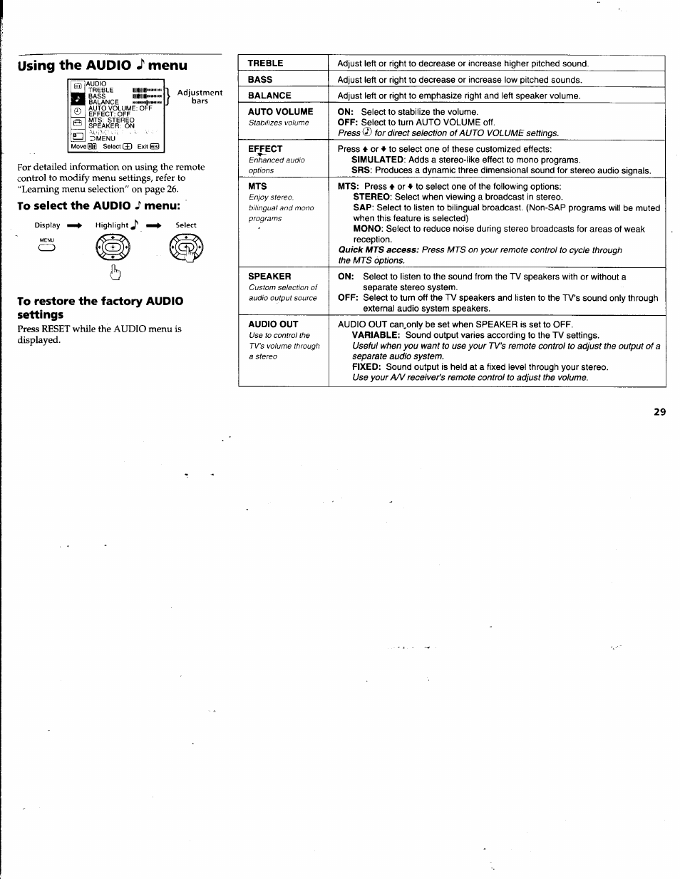 To select the audio j menu, To restore the factory audio settings, Using the audio | Menu | Sony KV-32V68 User Manual | Page 33 / 45