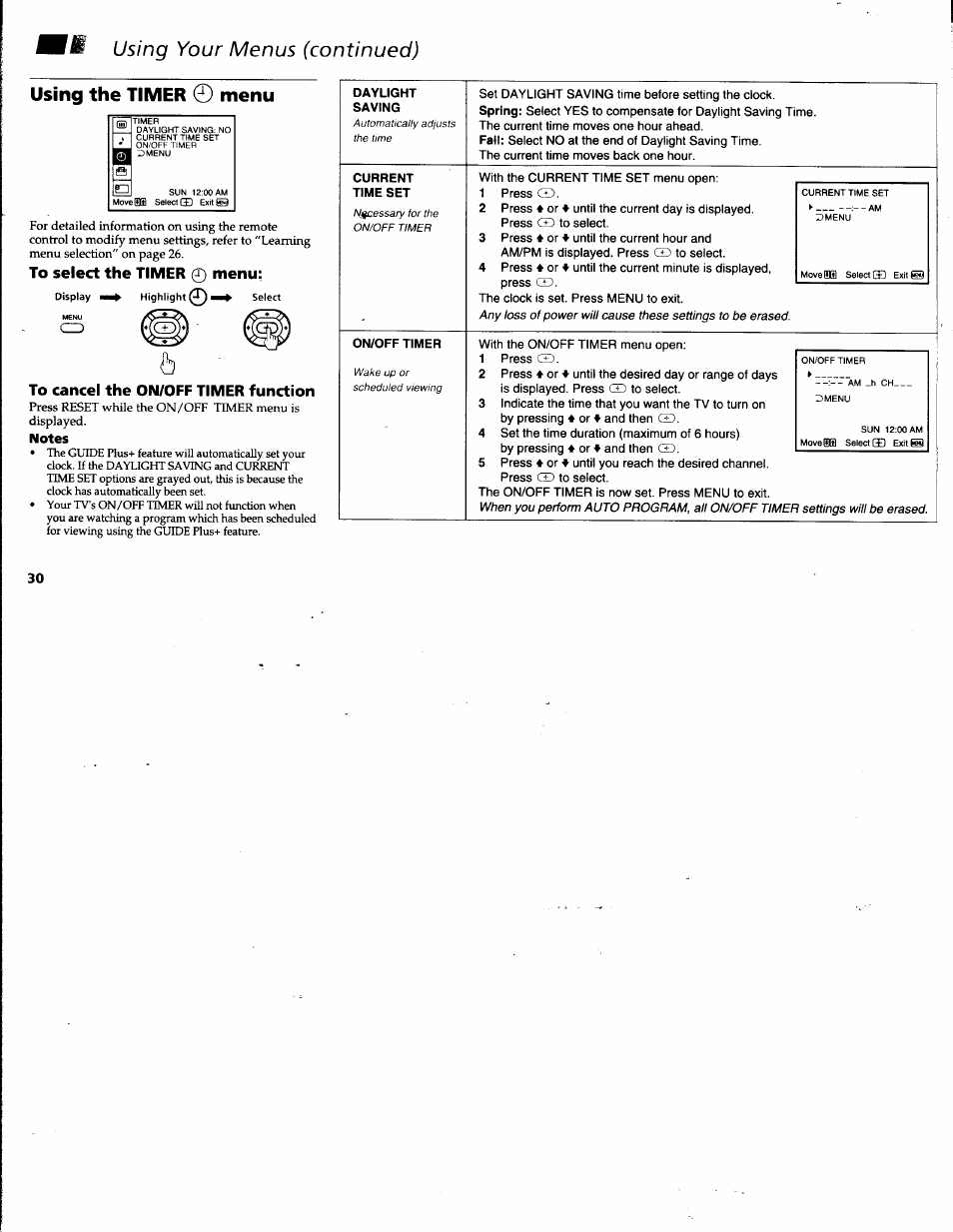 To select the timer 0 menu, To cancel the on/off timer function, Daylight | Saving, Current time set, On/off timer, Using your menus (continued), Using the timer, Menu | Sony KV-32V68 User Manual | Page 34 / 45