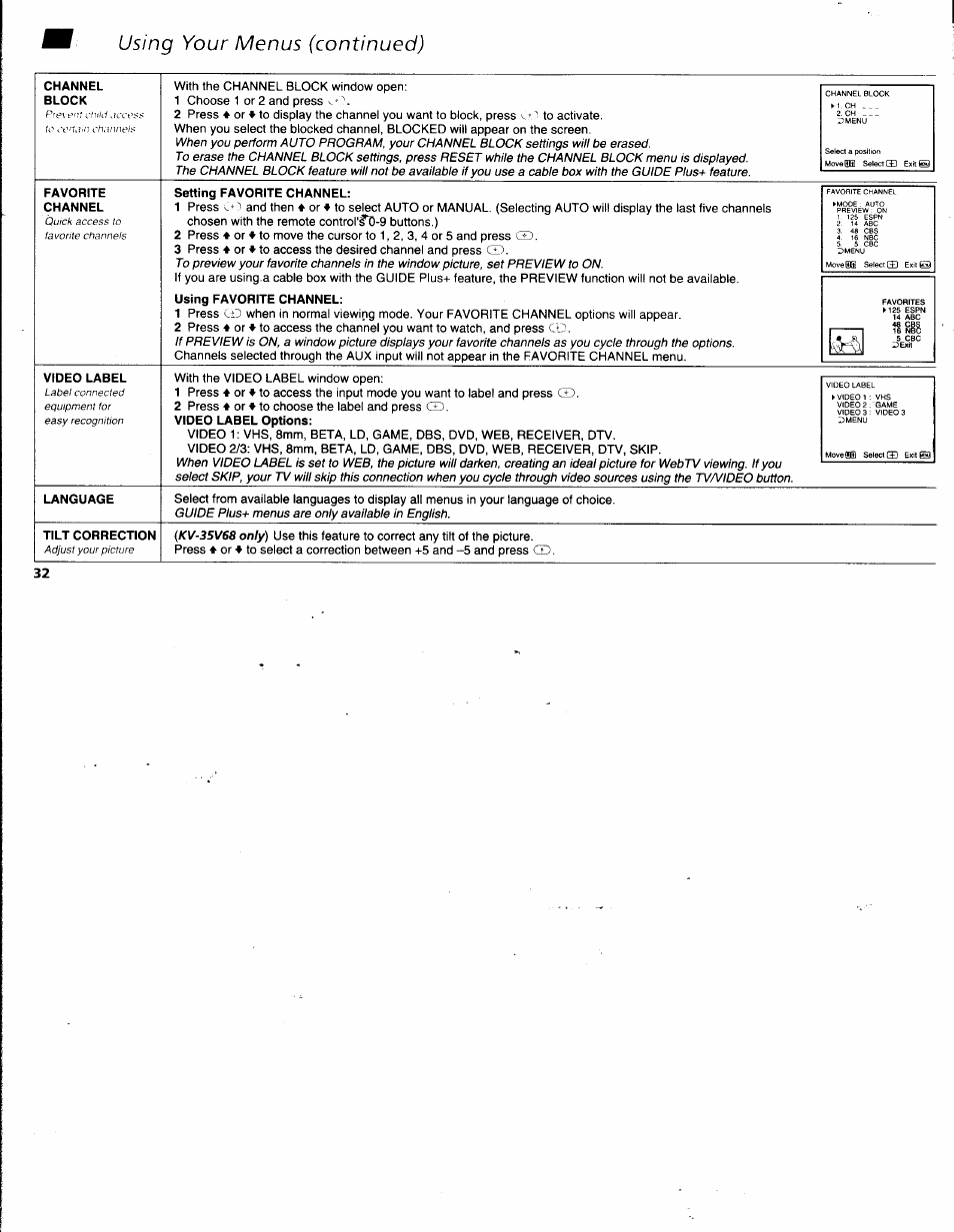 Channel, Block, Favorite | Video label, Language, Tilt correction, Using your menus (continued), Guide plus+ menus are only available in english, Kv-3sv68 only) | Sony KV-32V68 User Manual | Page 36 / 45