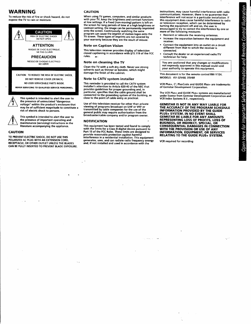 Warning | Sony KV-32V68 User Manual | Page 4 / 45
