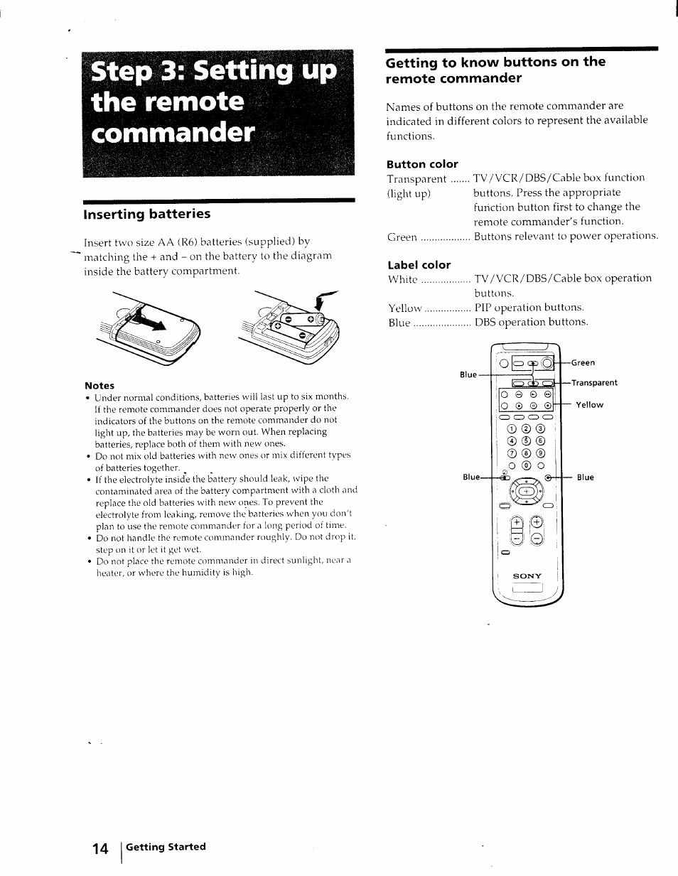Step 3: setting up the remote commander, Inserting batteries, Getting to know buttons on the remote commander | Button color, Label color | Sony KV-27S25 User Manual | Page 14 / 42