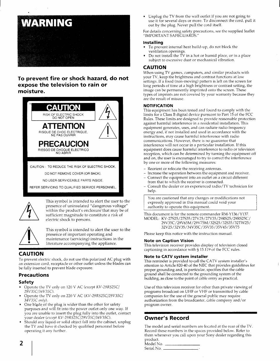 Warning, Caution, Safety | Owner's record | Sony KV-27S25 User Manual | Page 2 / 42