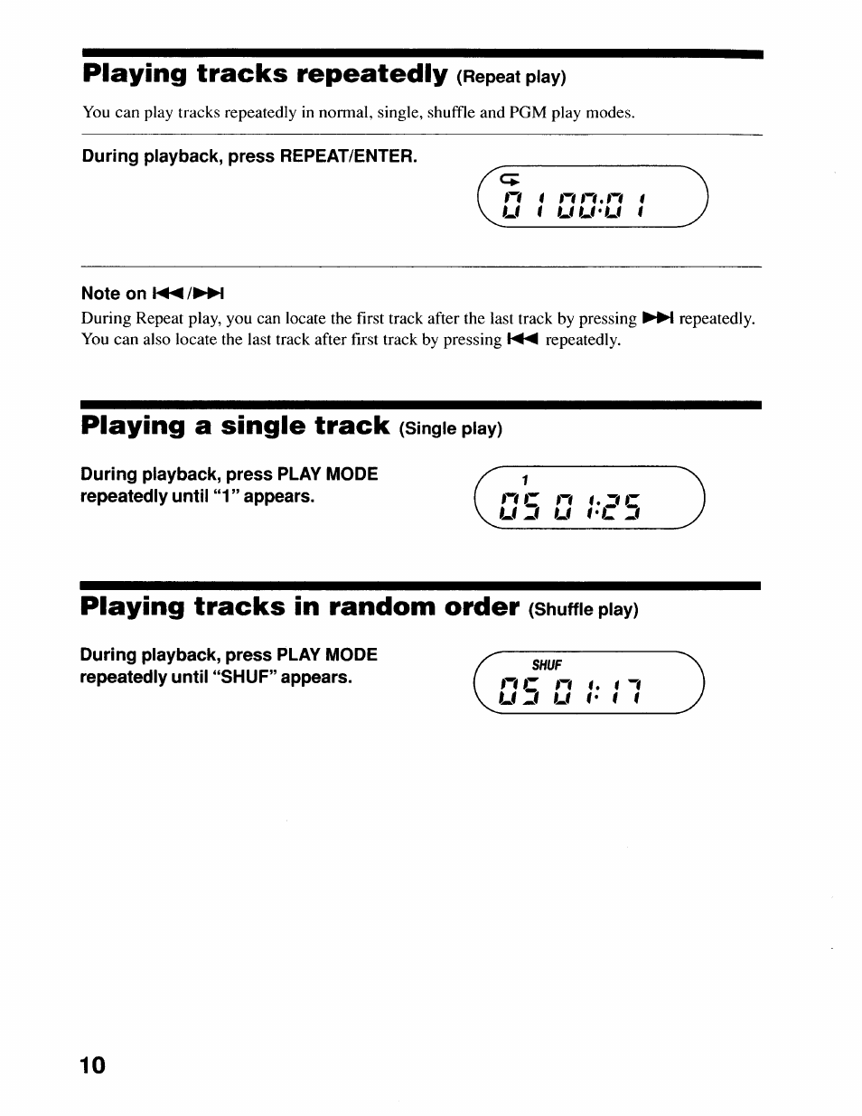 Playing tracks repeatedly, Playing a single track, Playing tracks in random order | Sony D-SJ17CK User Manual | Page 10 / 28