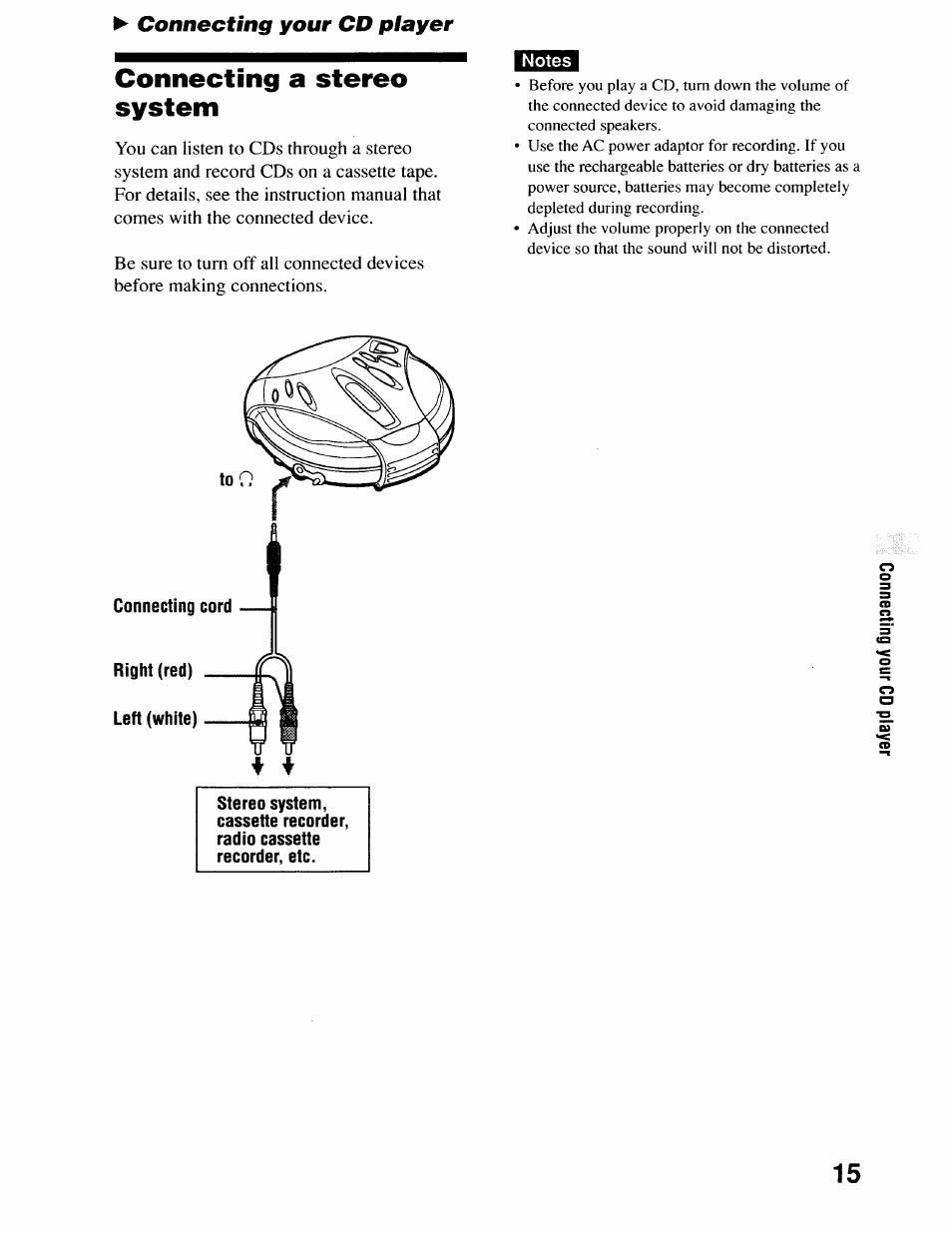 Connecting a stereo system, Connecting your cd player | Sony D-SJ17CK User Manual | Page 15 / 28