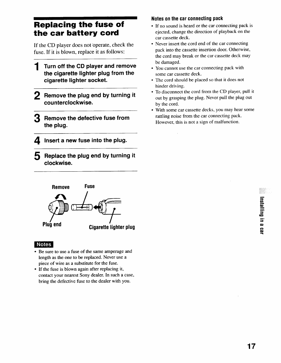 Replacing the fuse of the car battery cord | Sony D-SJ17CK User Manual | Page 17 / 28