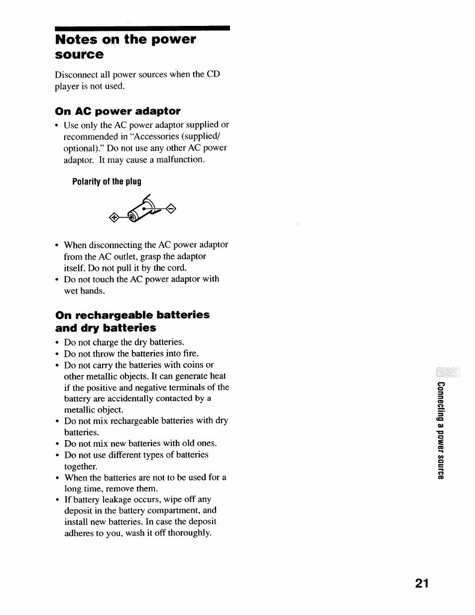 Notes on the power source, On ac power adaptor, Polarity of the plug | On rechargeable batteries and dry batteries | Sony D-SJ17CK User Manual | Page 21 / 28