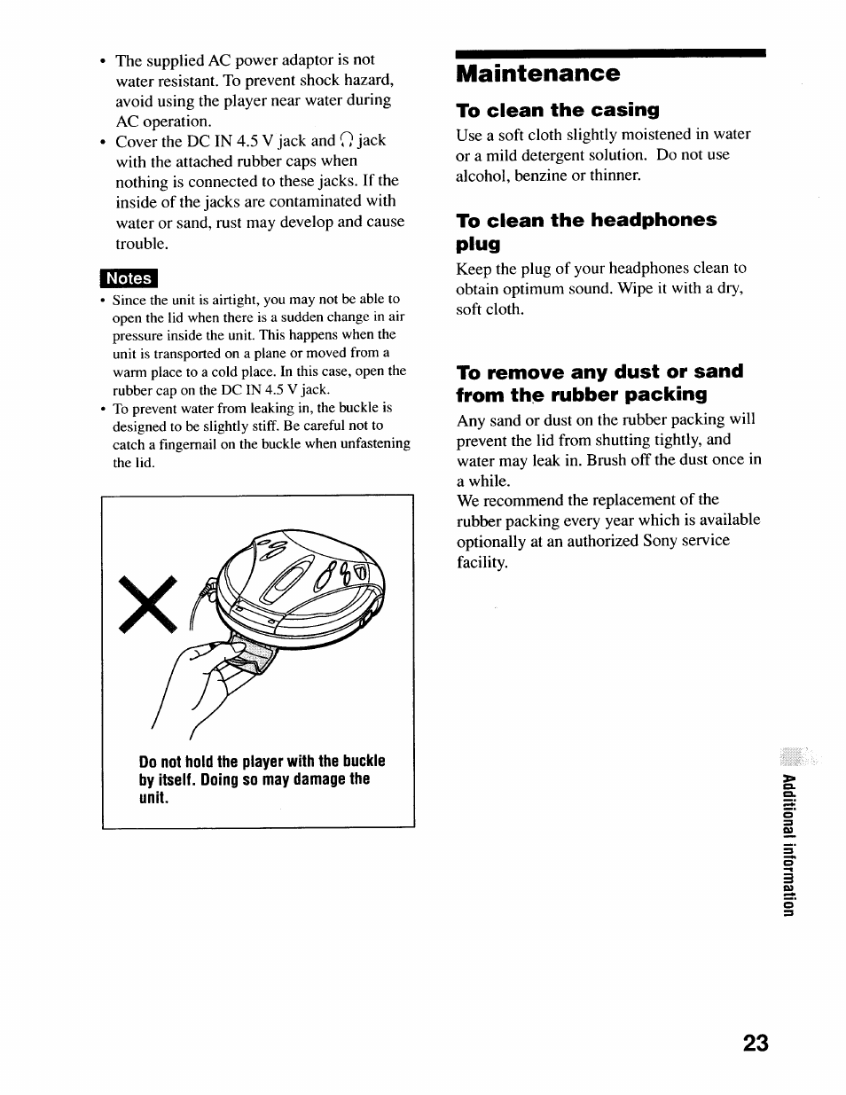 Notes, Maintenance, To clean the casing | To clean the headphones plug, To remove any dust or sand from the rubber packing | Sony D-SJ17CK User Manual | Page 23 / 28