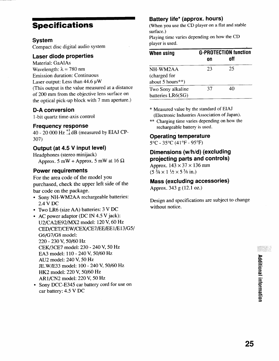 Specifications, System, Laser diode properties | D-a conversion, Frequency response, Output (at 4.5 v input level), Power requirements, Operating temperature, Mass (excluding accessories) | Sony D-SJ17CK User Manual | Page 25 / 28