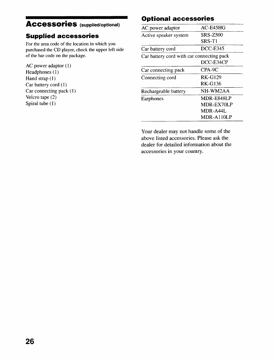 Optional accessories, Accessories | Sony D-SJ17CK User Manual | Page 26 / 28