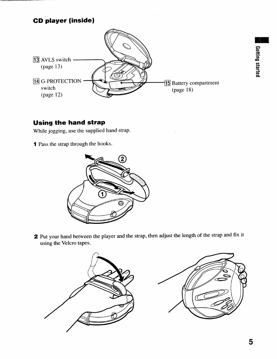 Cd player (inside), Using the hand strap | Sony D-SJ17CK User Manual | Page 5 / 28