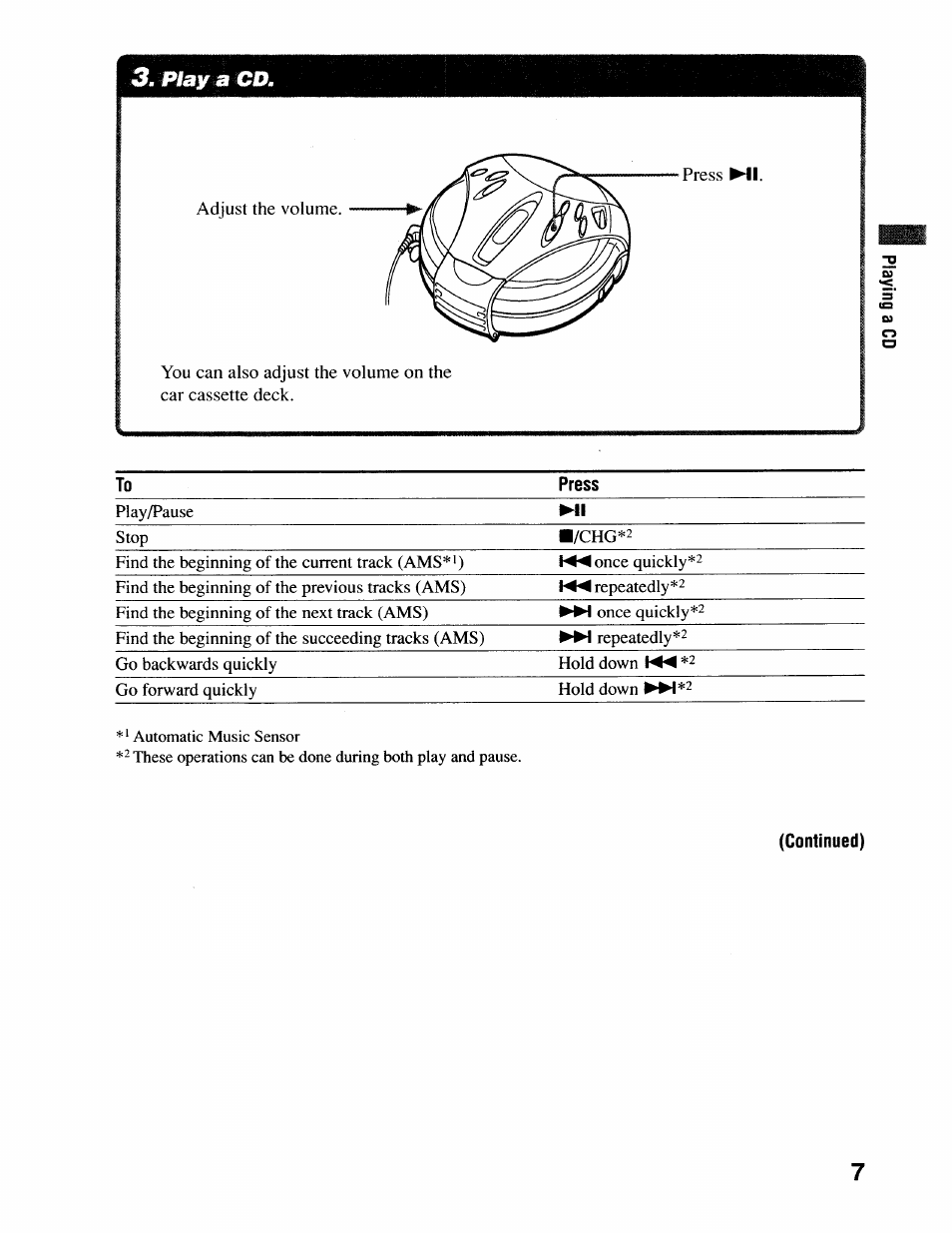 Play a cd | Sony D-SJ17CK User Manual | Page 7 / 28