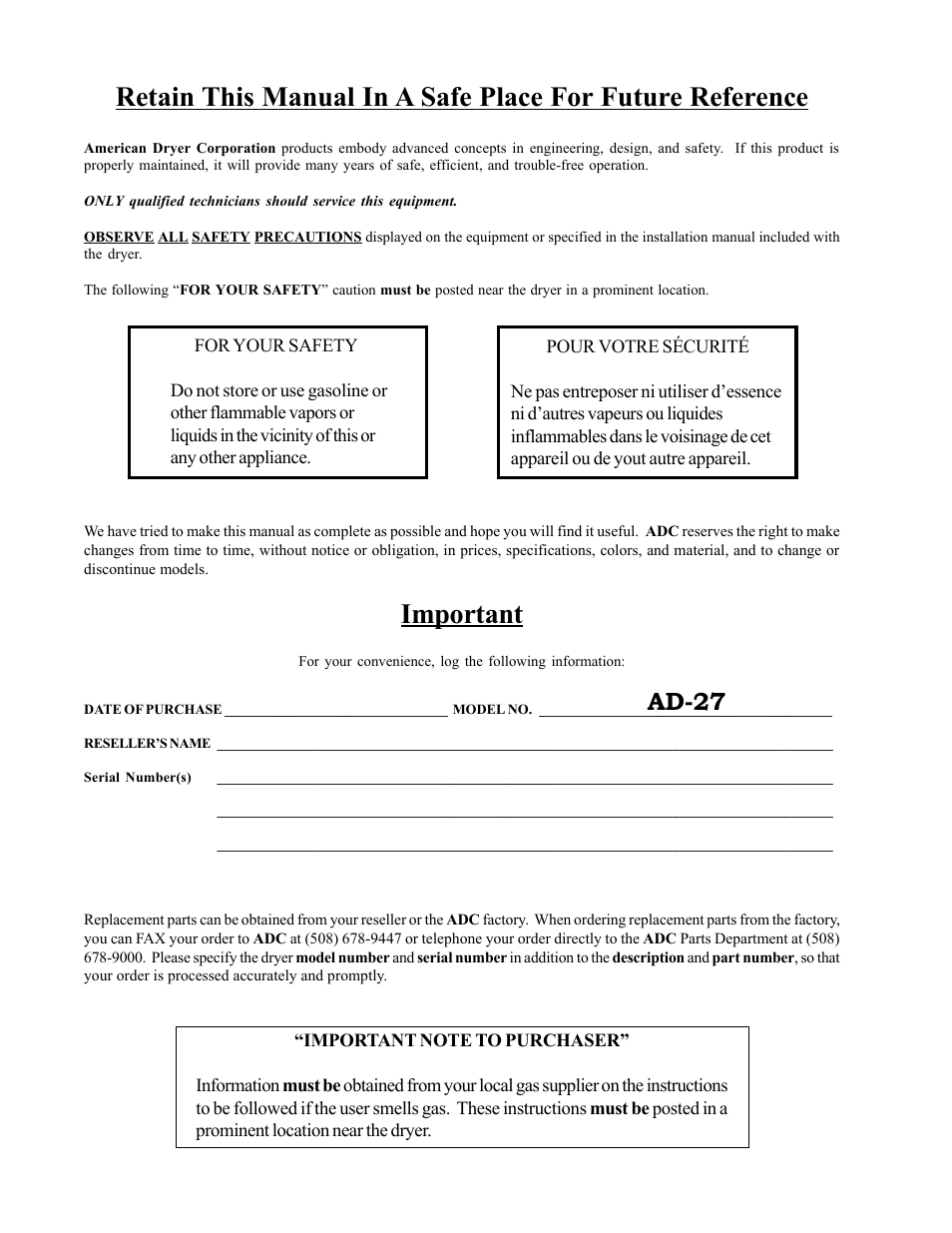 Important, Ad-27 | American Dryer Corp. AD-27 User Manual | Page 2 / 56