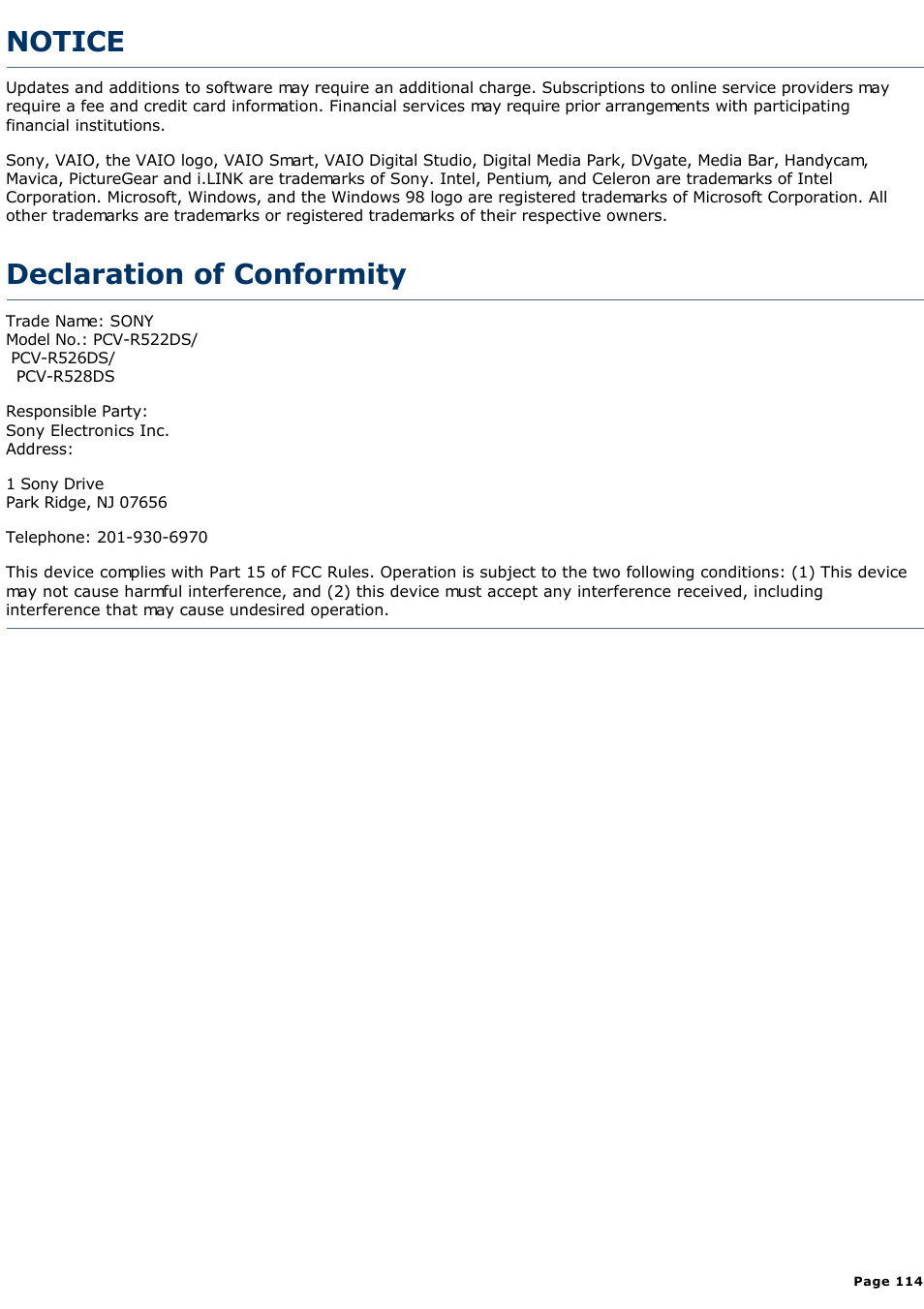 Notice, Declaration of conformity | Sony PCV-R522DS User Manual | Page 114 / 245