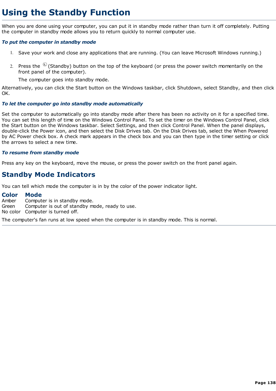 Standby mode indicators, Using the standby function | Sony PCV-R522DS User Manual | Page 138 / 245