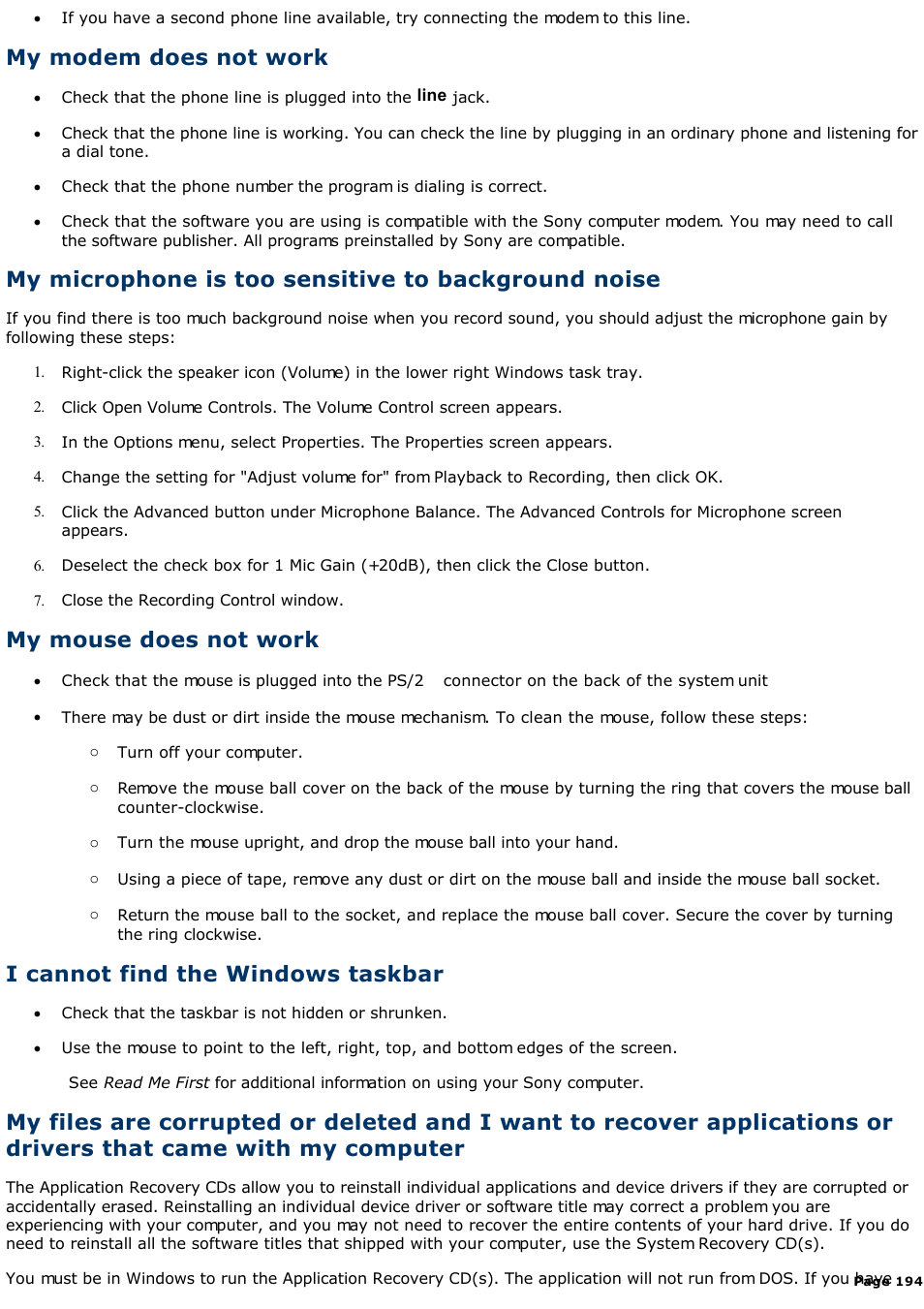 My modem does not work, My microphone is too sensitive to background noise, My mouse does not work | I cannot find the windows taskbar | Sony PCV-R522DS User Manual | Page 194 / 245