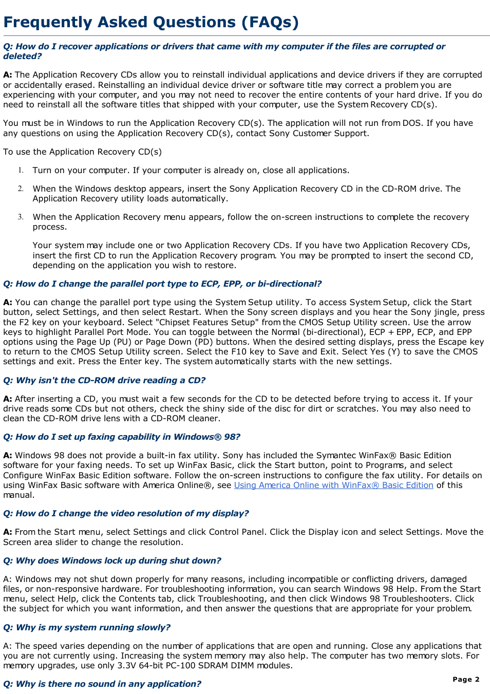 Frequently asked questions (faqs) | Sony PCV-R522DS User Manual | Page 2 / 245