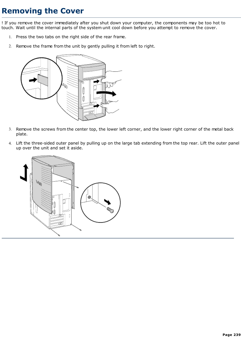 Removing the cover | Sony PCV-R522DS User Manual | Page 239 / 245