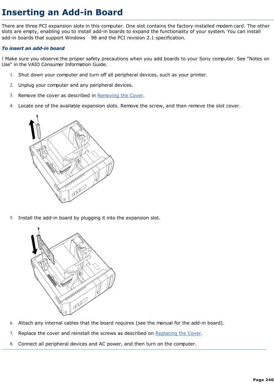 Inserting an add-in board | Sony PCV-R522DS User Manual | Page 240 / 245