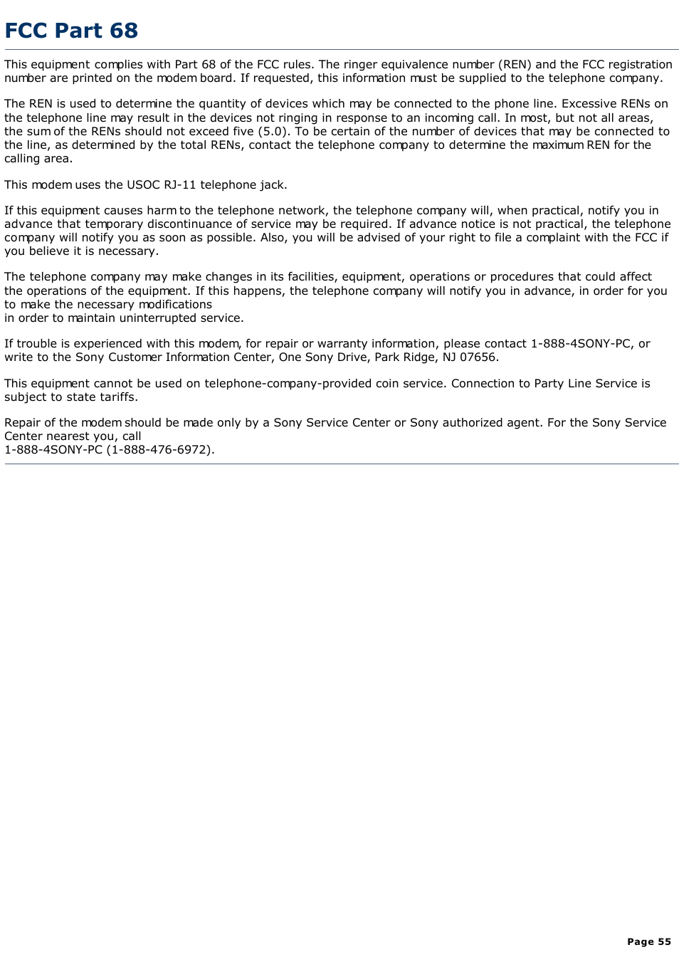 Fcc part 68 | Sony PCV-R522DS User Manual | Page 55 / 245