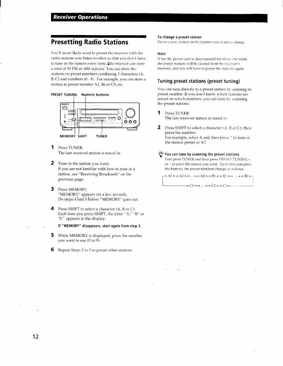 Presetting radio stations, To change a preset station, Note | Tuning preset stations (preset tuning), You can tune by scanning the preset stations, Receiver operations | Sony STR-DE425 User Manual | Page 12 / 22