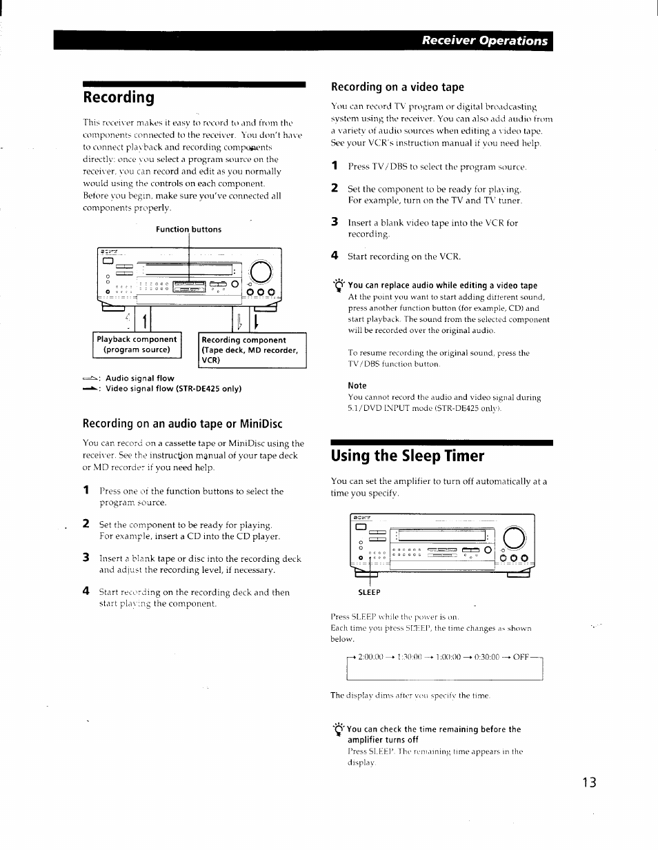 Recording, Recording on an audio tape or minidisc, Recording on a video tape | Note, Using the sleep timer, Receiver operations | Sony STR-DE425 User Manual | Page 13 / 22