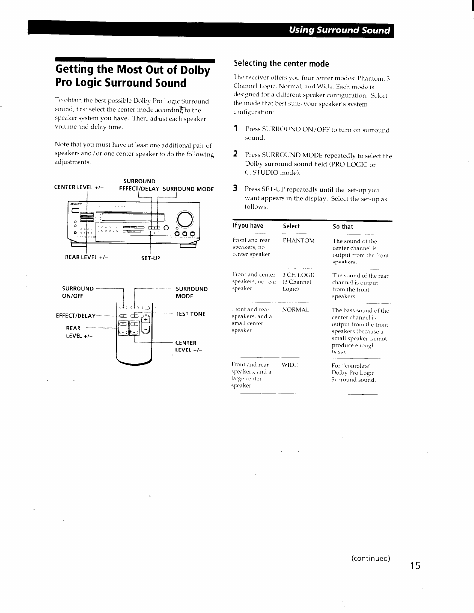 Selecting the center mode, Using surround sound | Sony STR-DE425 User Manual | Page 15 / 22