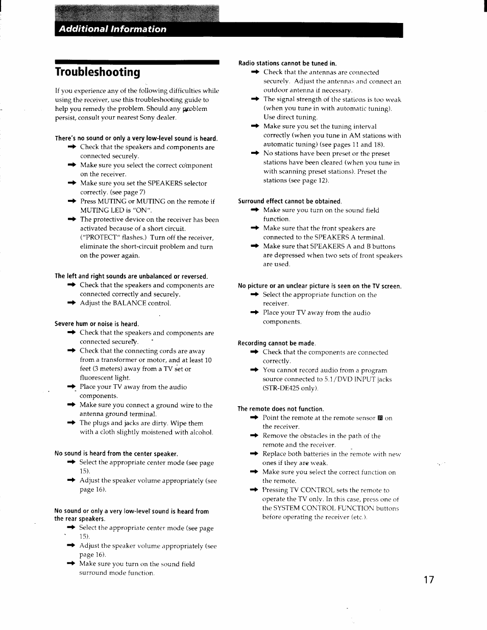 Troubleshooting, Severe hum or noise is heard, No sound is heard from the center speaker | Radio stations cannot be tuned in, Surround effect cannot be obtained, Recording cannot be made, The remote does not function, Additional information | Sony STR-DE425 User Manual | Page 17 / 22