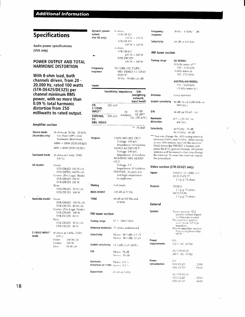 Specifications, Audio power specifications (usa only), Amplifier section | Fm tuner section, Am tuner section, Video section {str-de425 only), General, Additional information | Sony STR-DE425 User Manual | Page 18 / 22