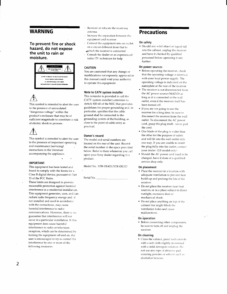 Warning, Important, Caution | Note to catv system installer, Owner's record, Precautions, On safety, On power sources, On placement, On operation | Sony STR-DE425 User Manual | Page 2 / 22