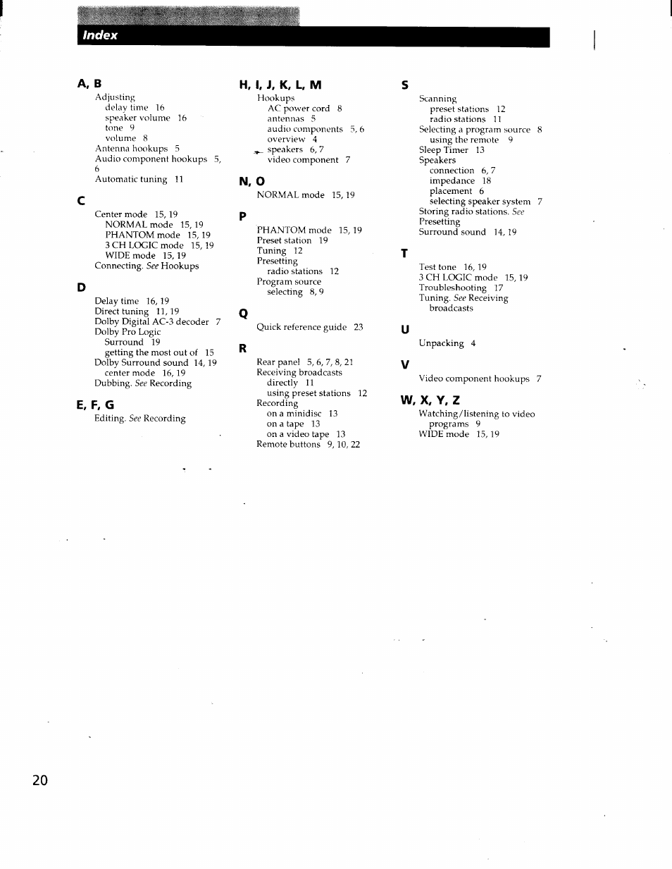 A, b, E, f, g, H, i, j, k, l, m | N, o, W, x, y, z | Sony STR-DE425 User Manual | Page 20 / 22