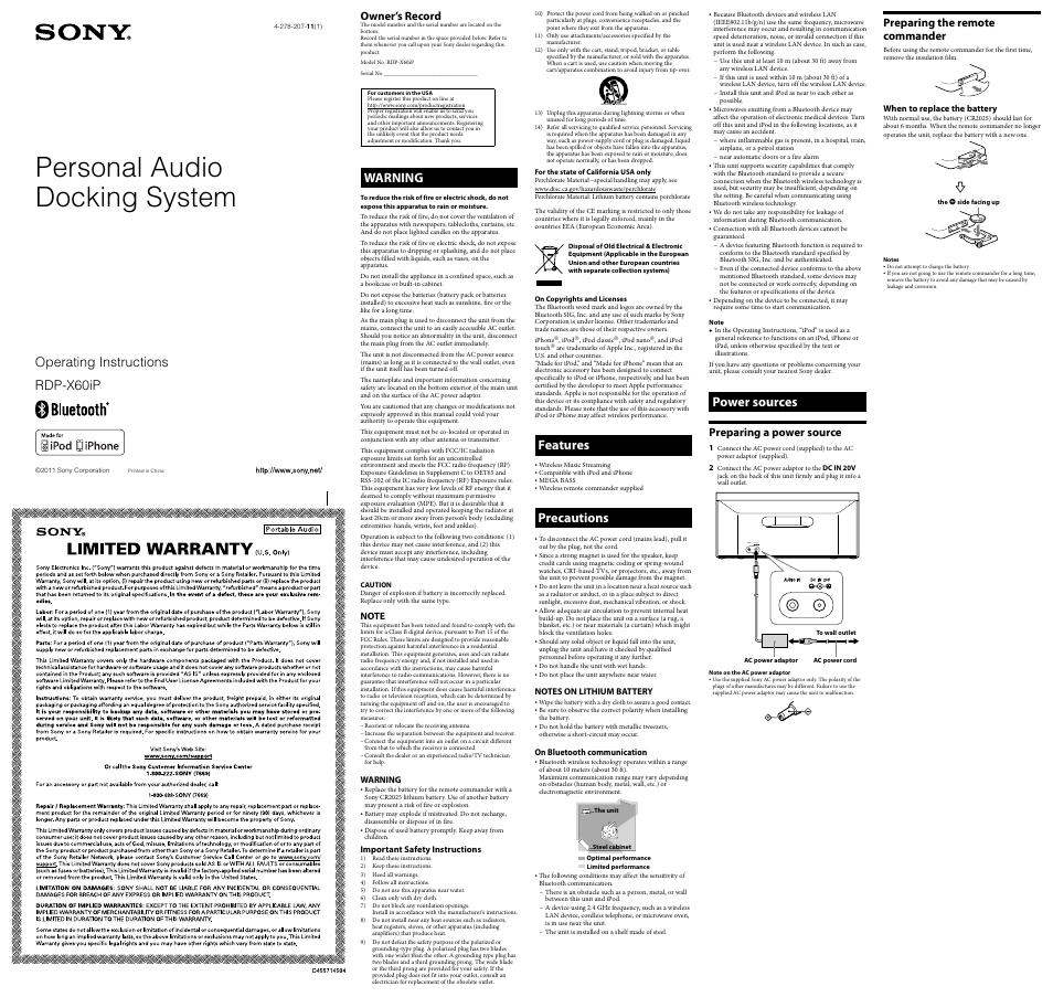 Sony RDP-X60iP User Manual | 2 pages