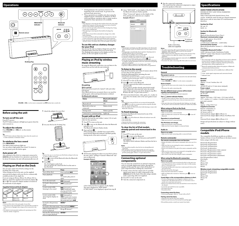 Audio in dc in 20v, Operations, Troubleshooting | Specifications, Before using the unit, Playing an ipod on the dock, Connecting optional components, Playing an ipod by wireless music streaming, Compatible ipod/iphone models | Sony RDP-X60iP User Manual | Page 2 / 2