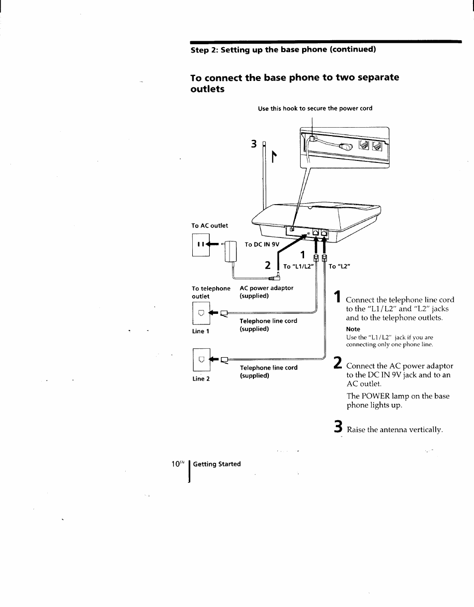 To connect the base phone to two separate outlets | Sony SPP-M920 User Manual | Page 10 / 72