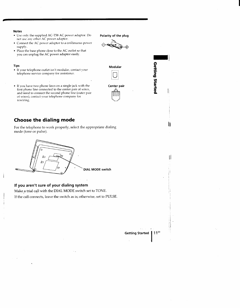 Notes, Tips, Modular | Center pair, Choose the dialing mode, Dial mode switch, If you aren't sure of your dialing system | Sony SPP-M920 User Manual | Page 11 / 72