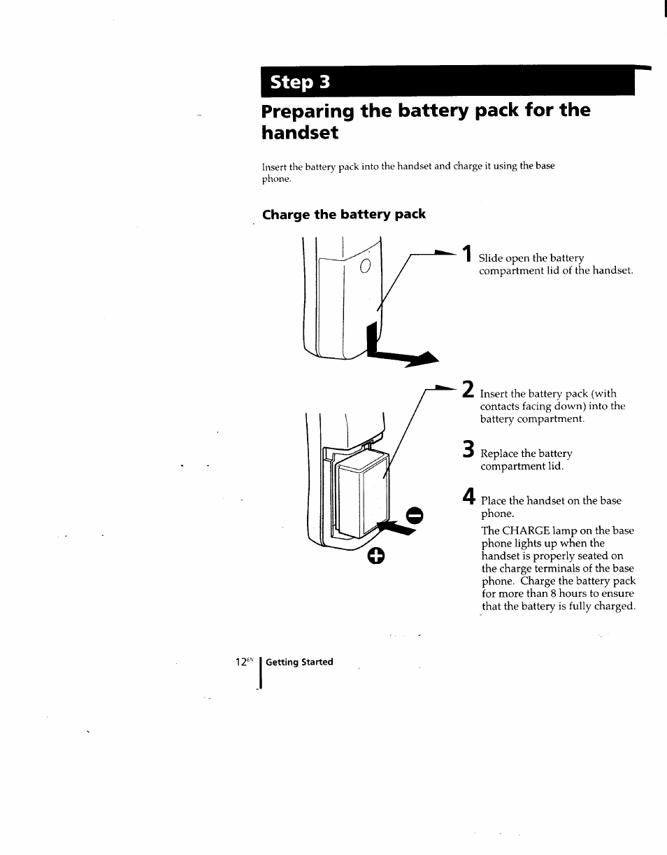 Charge the battery pack, Step 3, Preparing the battery pack for the handset | Sony SPP-M920 User Manual | Page 12 / 72