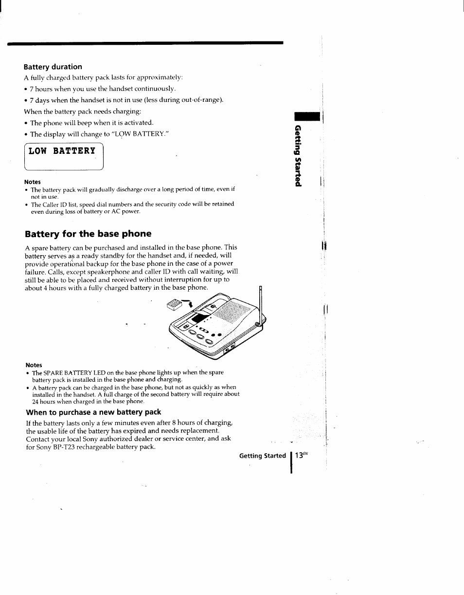 Battery duration, Notes, Battery for the base phone | When to purchase a new battery pack | Sony SPP-M920 User Manual | Page 13 / 72