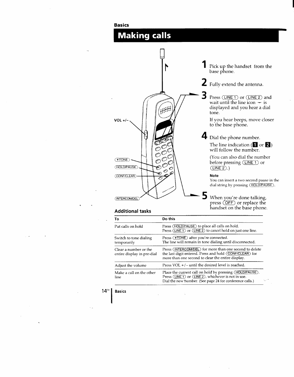 Basics, Additional tasks, Making calls | Sony SPP-M920 User Manual | Page 14 / 72