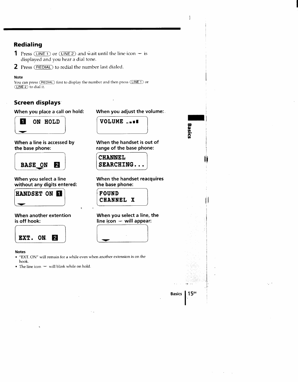 Redialing, Base^n b, Channel searching | Handset on, Ext. on b, Found channel x | Sony SPP-M920 User Manual | Page 15 / 72