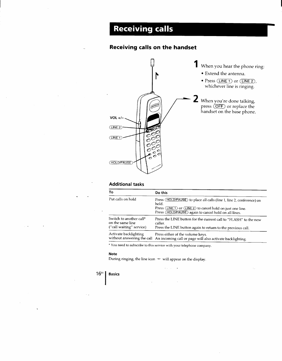 Receiving calls, Receiving calls on the handset | Sony SPP-M920 User Manual | Page 16 / 72