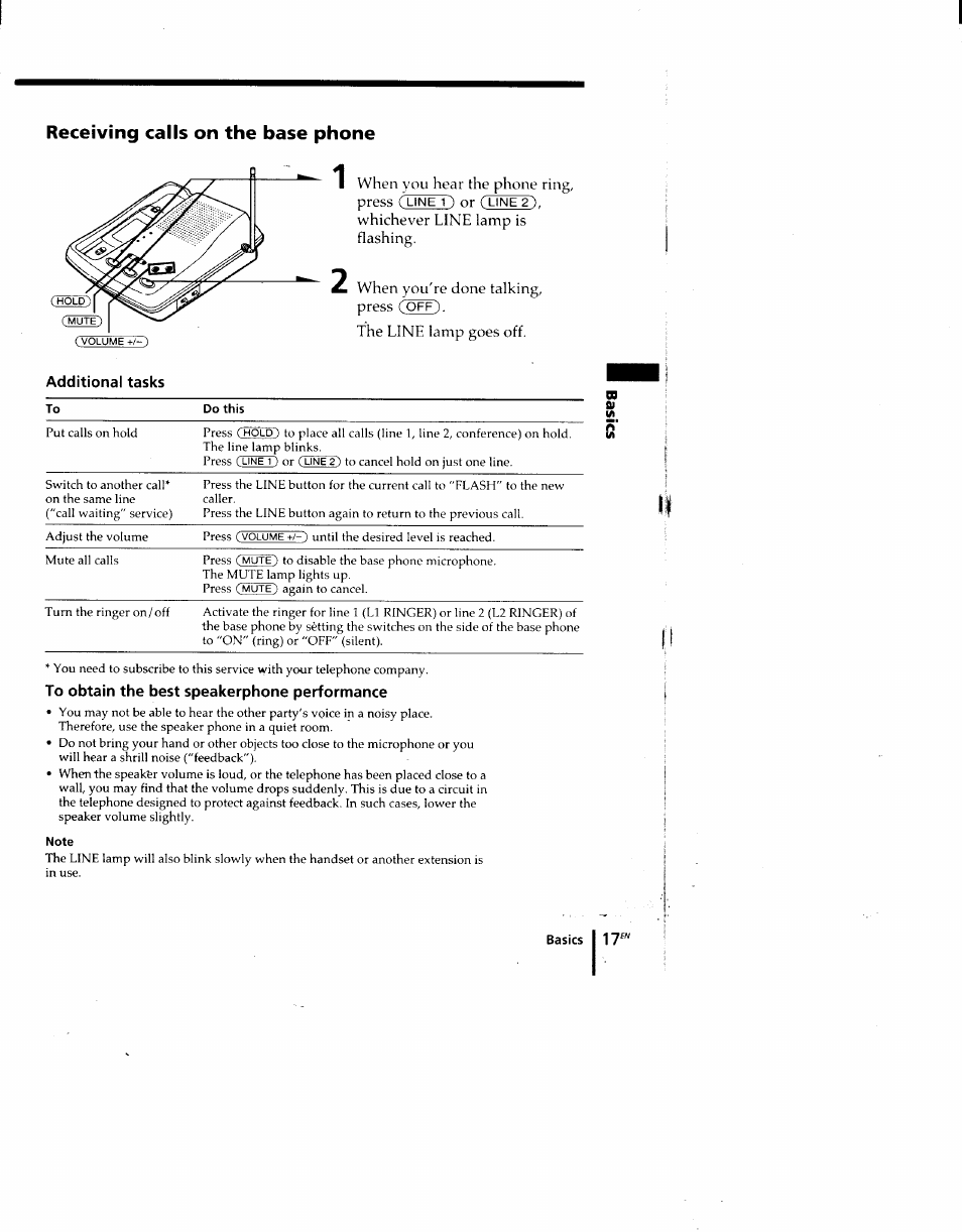 Additional tasks, To obtain the best speakerphone performance, Note | Sony SPP-M920 User Manual | Page 17 / 72